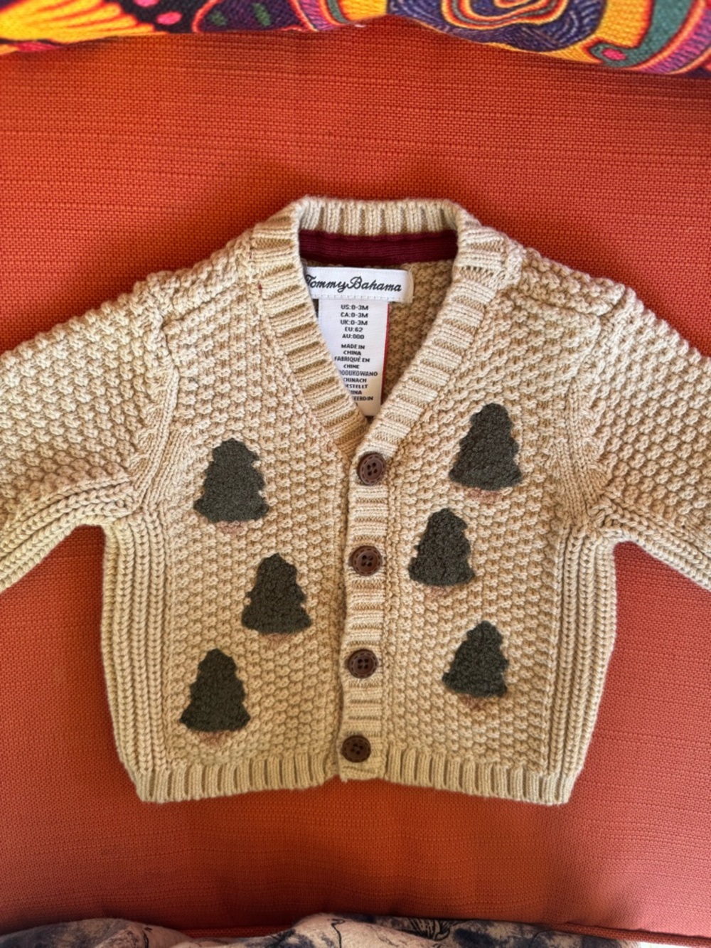 Tommy Bahama Kids Cream Knit Cardigan with Green Pine Tree Patches Unisex 0-3M - Picture 2 of 9